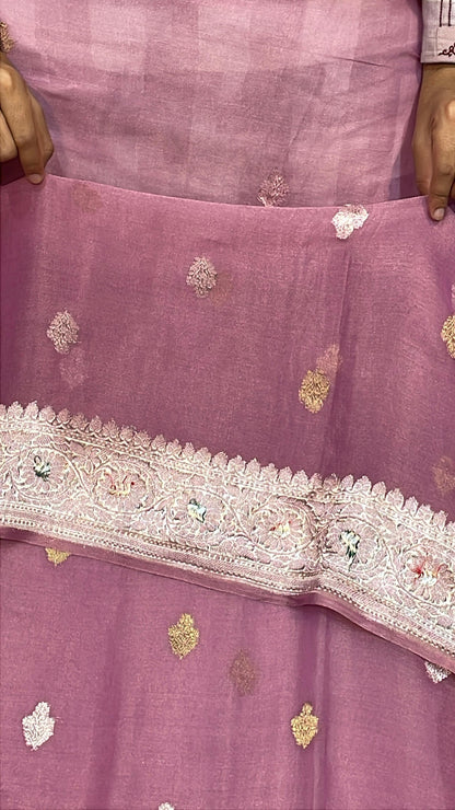 100% Authentic & Luxurious Pure Banarasi Khaddi Chiffon Tissue Saree Purple pink Drape Colour