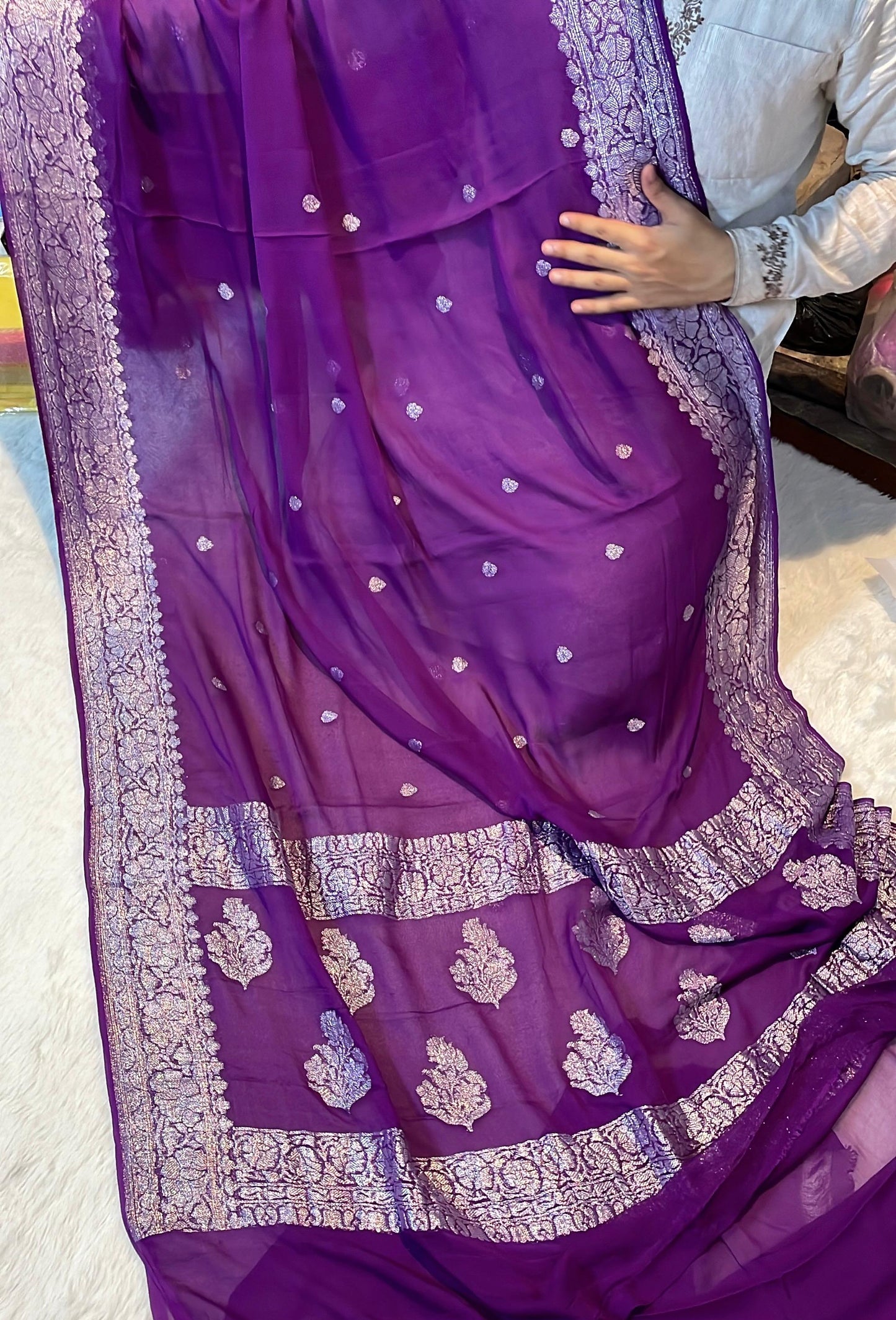 100% Pure Banarasi Khaddi Chiffon Silver Zari Kadwa Buti Handloom Deep Purple Color
