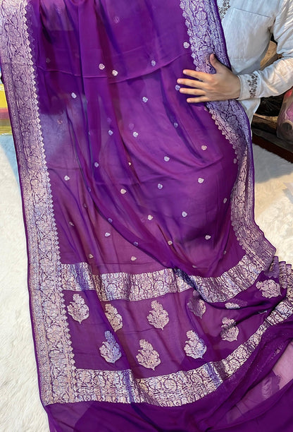 100% Pure Banarasi Khaddi Chiffon Silver Zari Kadwa Buti Handloom Deep Purple Color