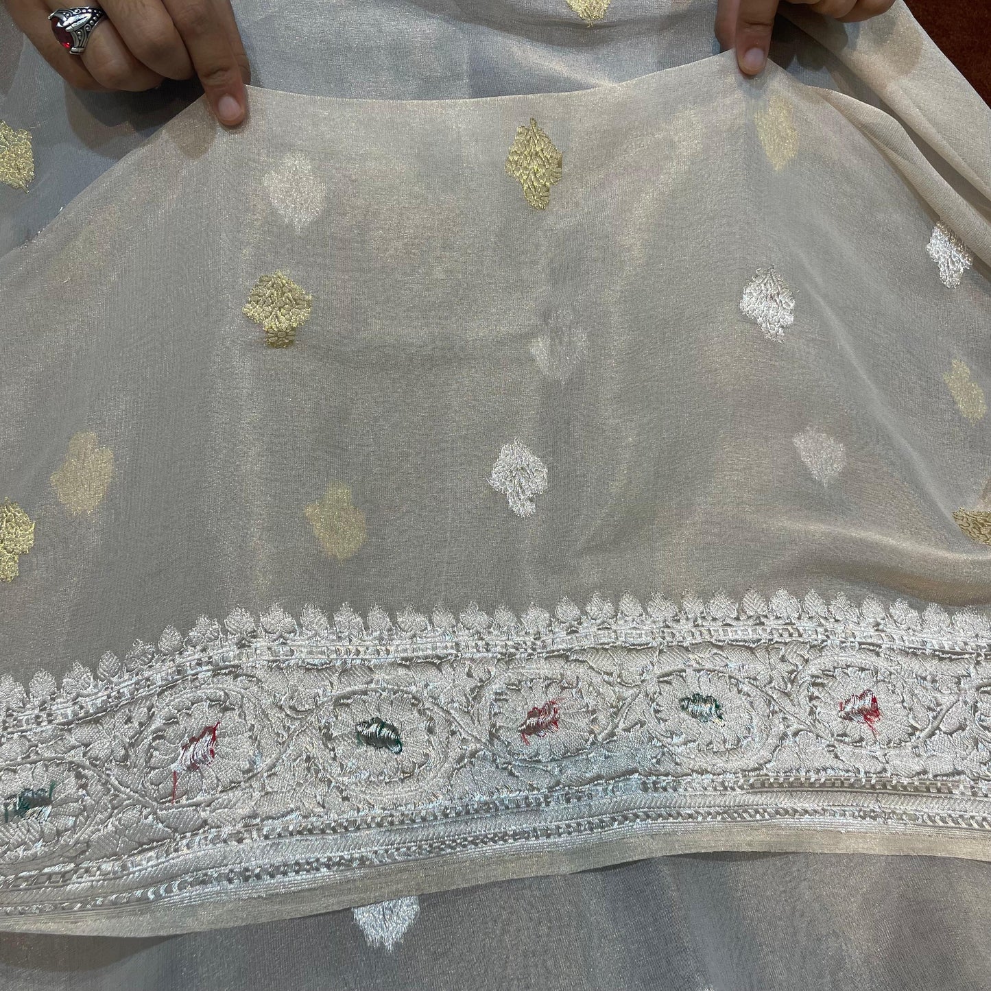 100% Authentic & Luxurious Pure Banarasi Khaddi Chiffon Tissue Saree Shimmering Natural/Raw Colour