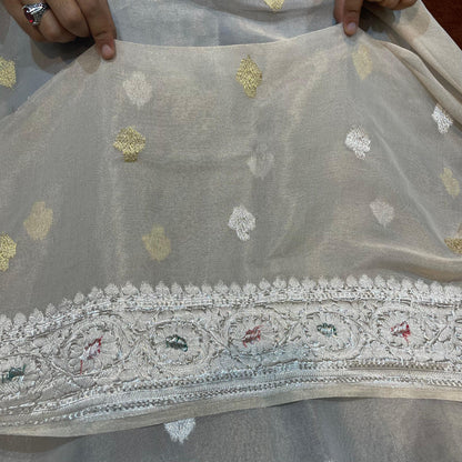 100% Authentic & Luxurious Pure Banarasi Khaddi Chiffon Tissue Saree Shimmering Natural/Raw Colour