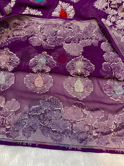 Pure Khaddi Georgette Tissue Saree With Velvet Weaving Voilet Color [*Color Customisable]