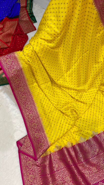 Pure Banarasi Khaddi Crape Silk Handloom Saree with Traditional Corners Yellow With Rani Color