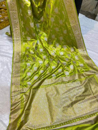 Mashru Silk Saree Canary Green Color With Floral Border Sona Rupa Zari Mina Jaal Pattern  MSW39