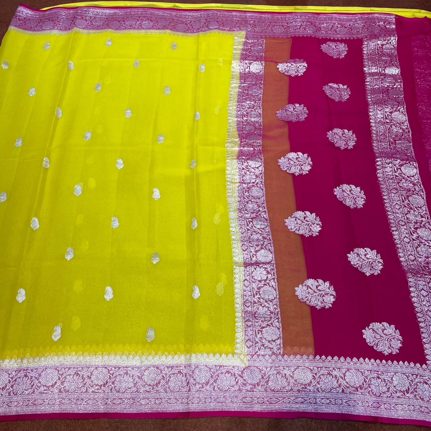 100% Pure Banarasi Khaddi Chiffon Silver Zari Kadwa Buti Handloom Saree Lemon and Strawberry Rani Pink Colour