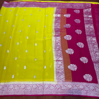 100% Pure Banarasi Khaddi Chiffon Silver Zari Kadwa Buti Handloom Saree Lemon and Strawberry Rani Pink Colour