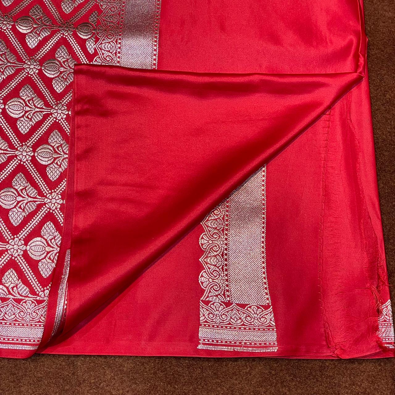 Mashru Silk Saree Red Color with Short Border Delicate Paisley/Mango Boota  MSW-13