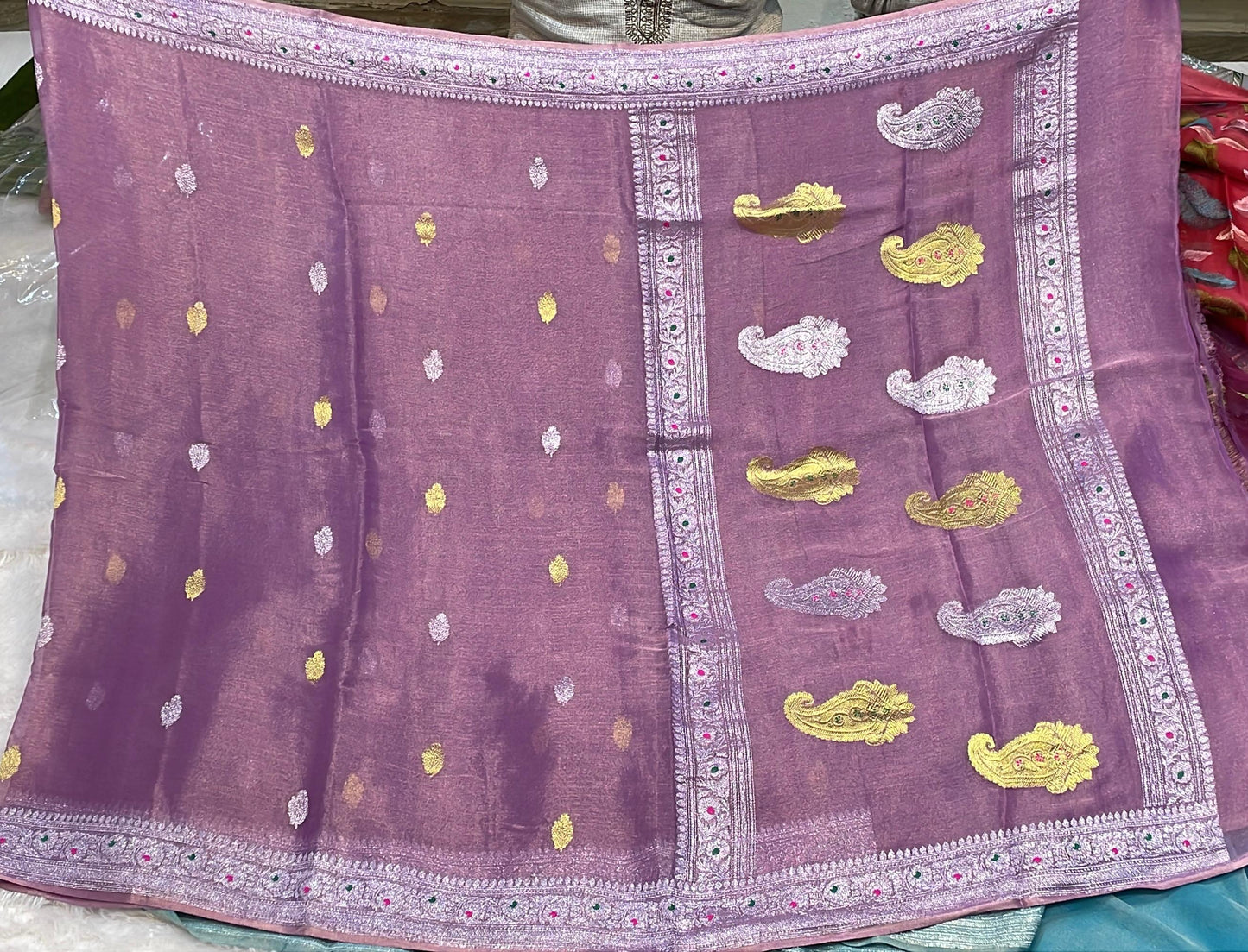 100% Authentic & Luxurious Pure Banarasi Khaddi Chiffon Tissue Saree Lavender/Purple Shade