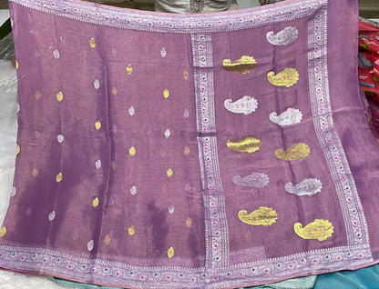 100% Authentic & Luxurious Pure Banarasi Khaddi Chiffon Tissue Saree Lavender/Purple Shade