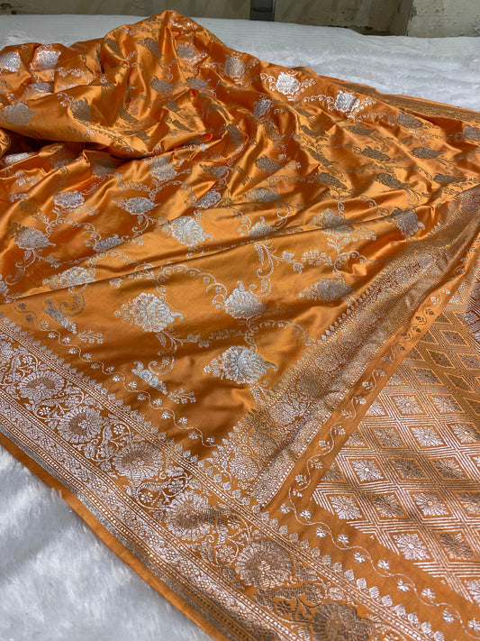Mashru Silk Saree Saffron Orange Color With Floral Border Sona Rupa Zari Mina Jaal Pattern  MSW44