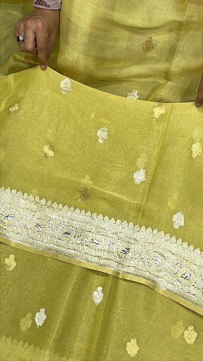 100% Authentic & Luxurious Pure Banarasi Khaddi Chiffon Tissue Saree Shimmering Yellow Colour
