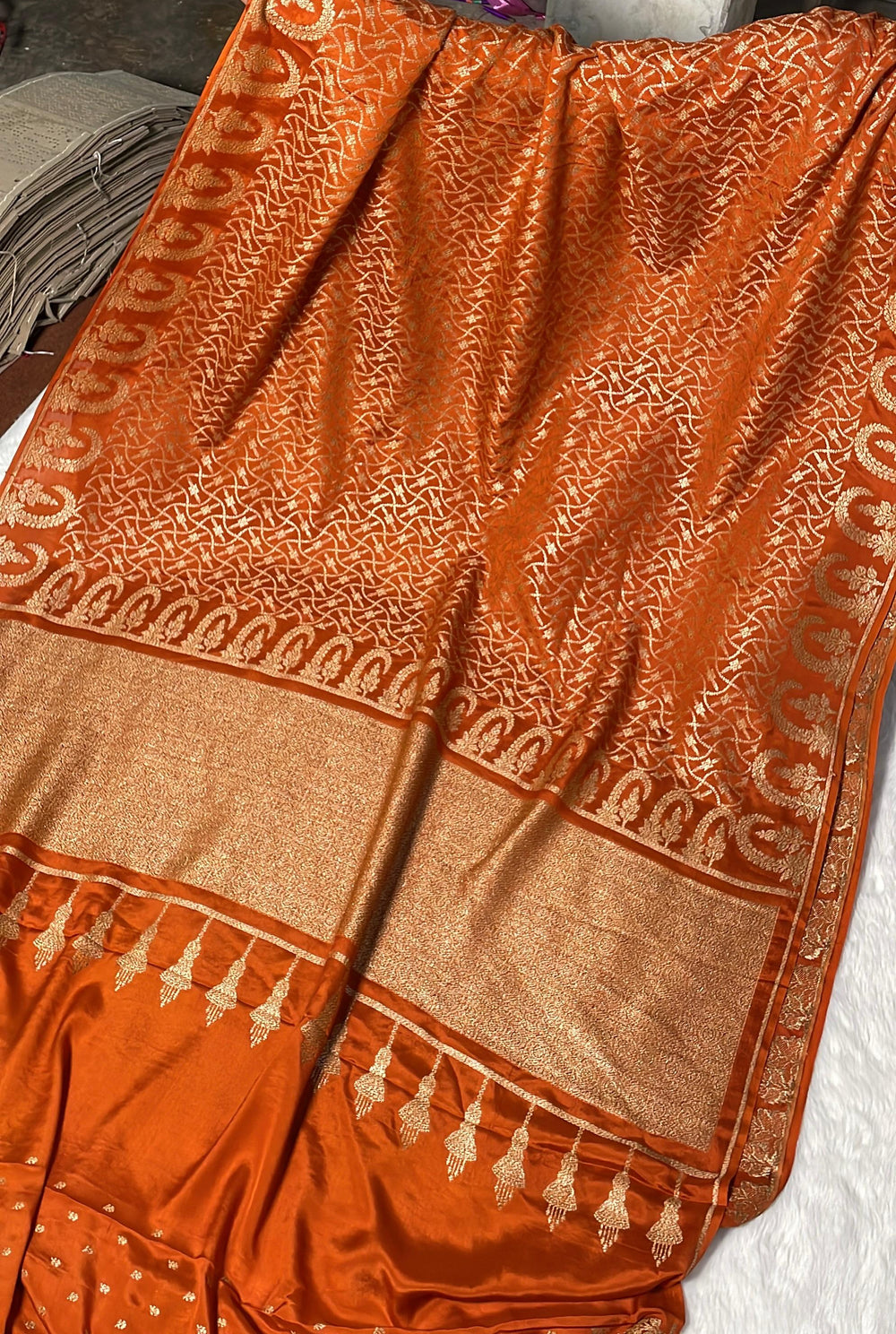 Pure Banarasi Khaddi Crape Silk Handloom Saree Rusty Orange Color