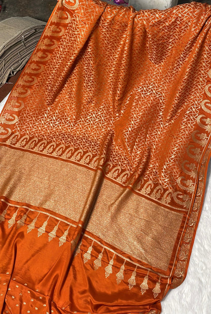 Pure Banarasi Khaddi Crape Silk Handloom Saree Rusty Orange Color
