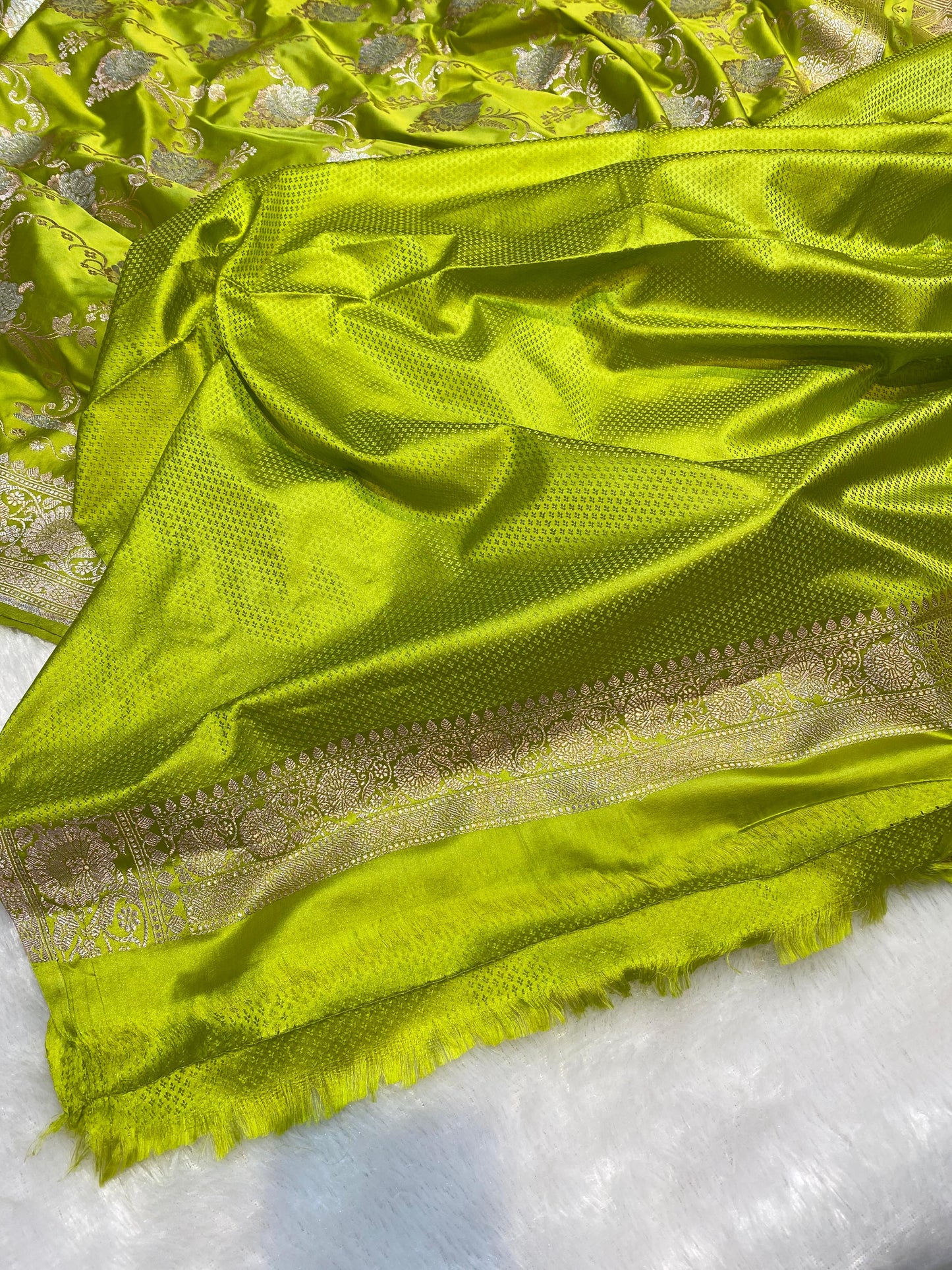 Mashru Silk Saree Canary Green Color With Floral Border Sona Rupa Zari Mina Jaal Pattern  MSW39