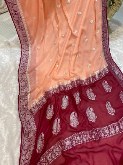 100% Pure Banarasi Khaddi Chiffon Silver Zari Kadwa Buti Handloom Saree Peach Pink Colour