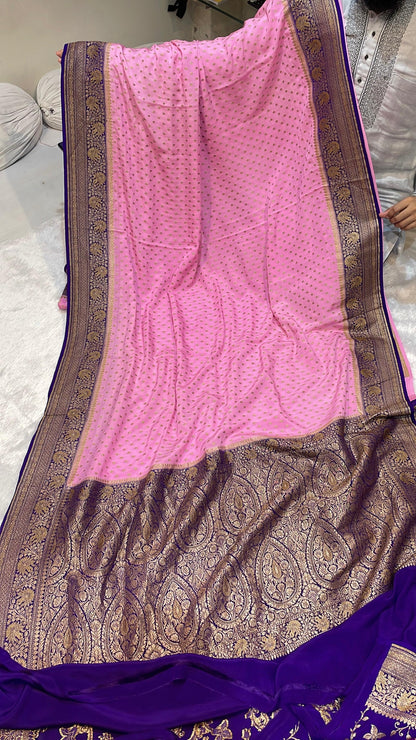 Pure Banarasi Khaddi Crape Silk Handloom Saree with Traditional Corners Baby Pink with Purple color