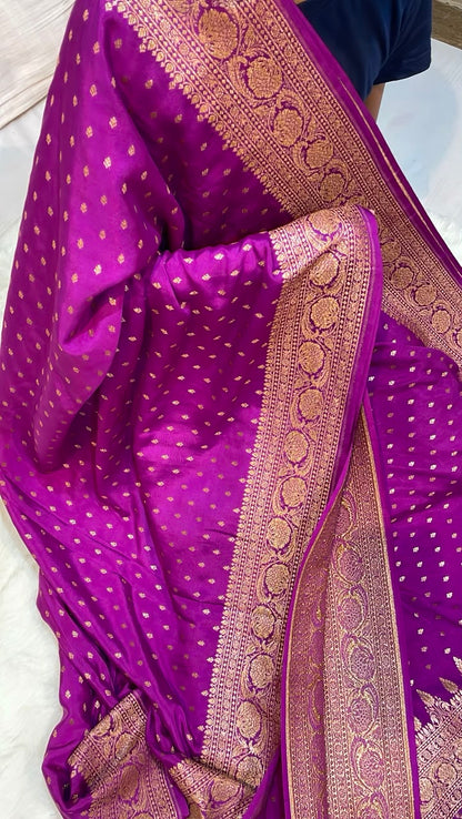 Pure Banarasi Khaddi Crape Silk Handloom Saree with Traditional Corners Rani Color