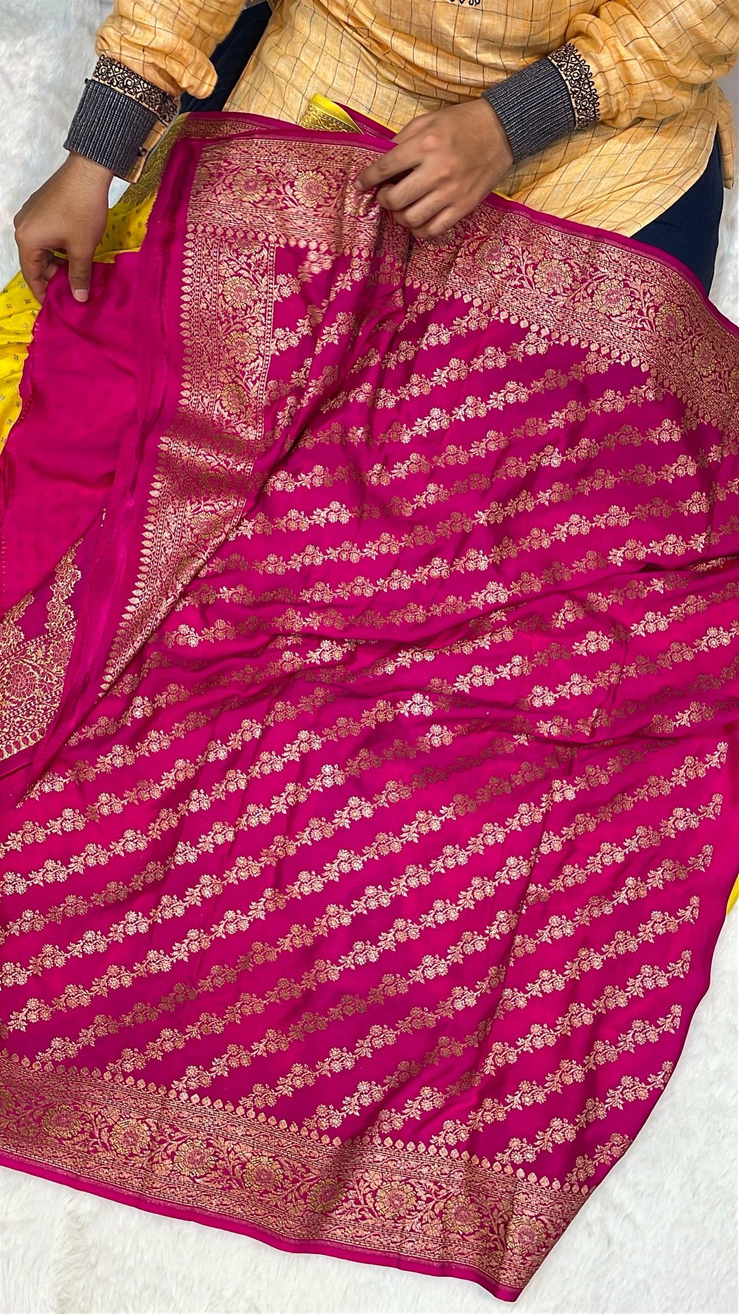 Pure Banarasi Khaddi Crape Silk Handloom Saree with Traditional Corners Yellow With Rani Color