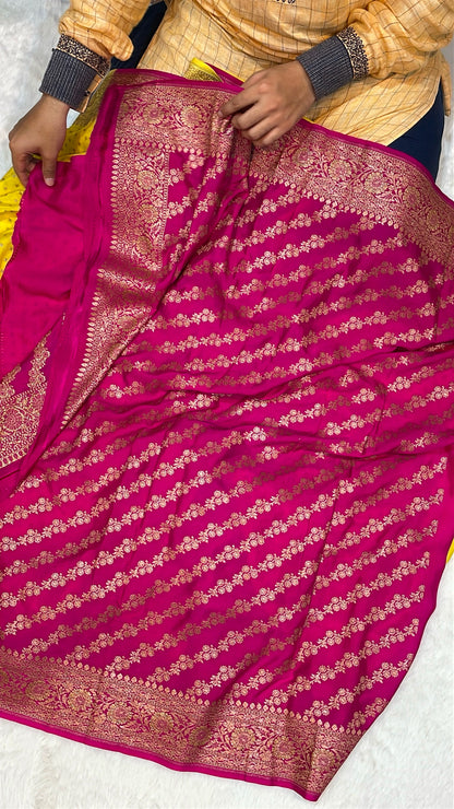 Pure Banarasi Khaddi Crape Silk Handloom Saree with Traditional Corners Yellow With Rani Color