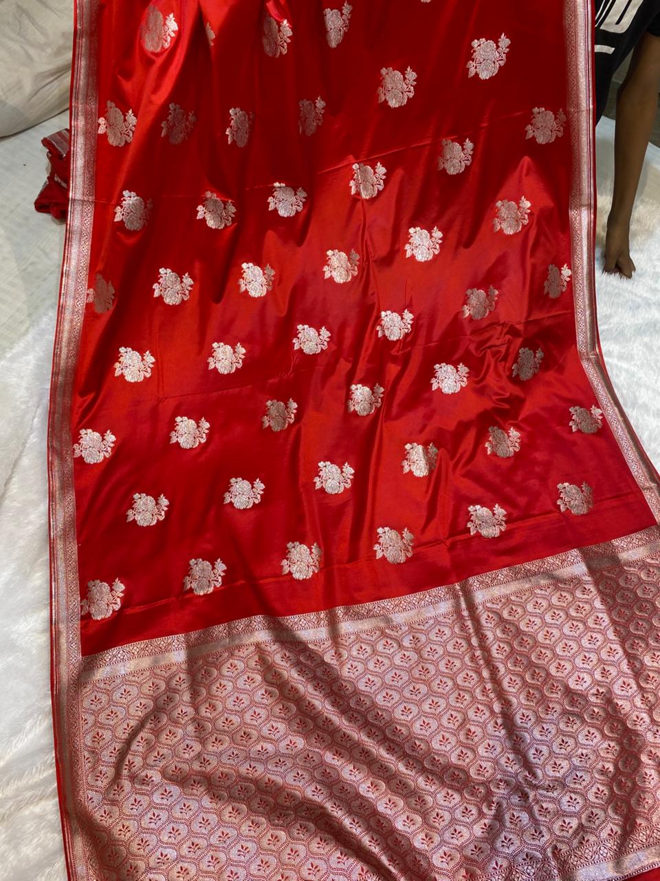 Mashru Silk Saree Scarlet Red with Sona Rupa Zari
