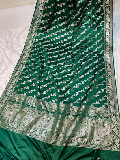 Mashru Silk Saree Bottle Green Color Sona Rupa Zari Buta Border