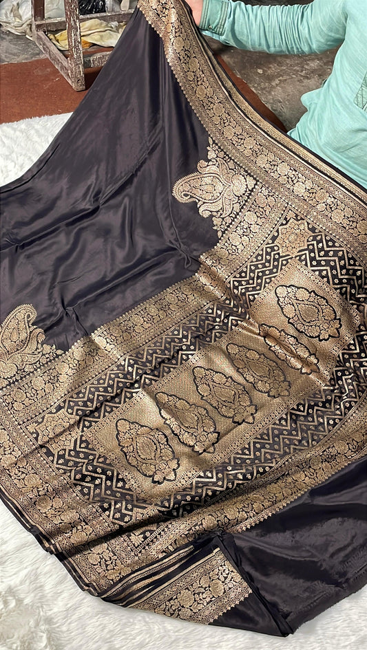 Pure Banarasi Khaddi Crape Silk Handloom Saree with Traditional Corners Surmai(kohl) Black Color