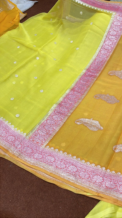 100% 3D Shades Pure Banarasi Khaddi Chiffon Silver Zari Kadwa Buti Handloom Saree