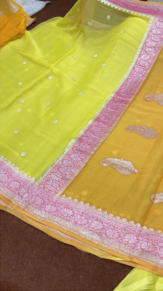 100% 3D Shades Pure Banarasi Khaddi Chiffon Silver Zari Kadwa Buti Handloom Saree
