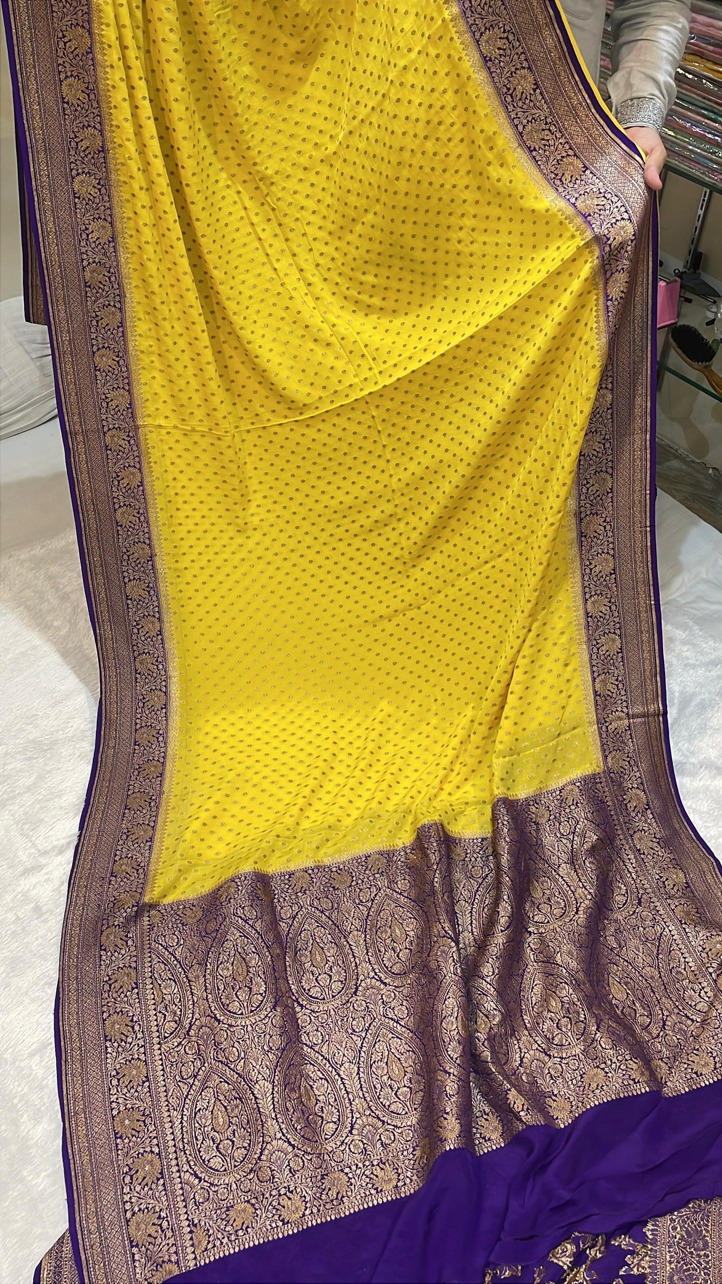 Pure Banarasi Khaddi Crape Silk Handloom Saree with Traditional Corners Mango Yellow with Purple Color