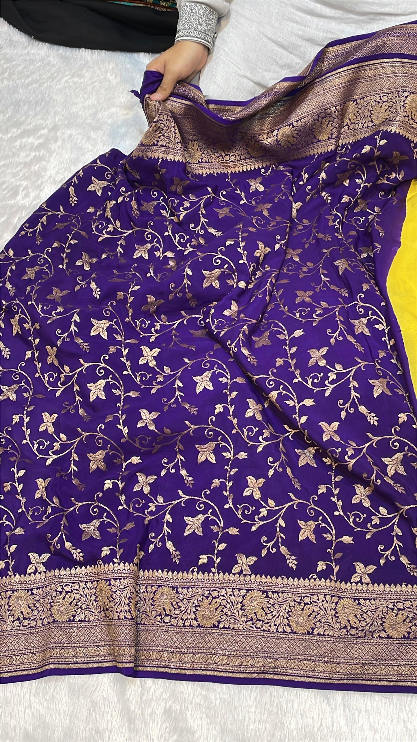 Pure Banarasi Khaddi Crape Silk Handloom Saree with Traditional Corners Mango Yellow with Purple Color