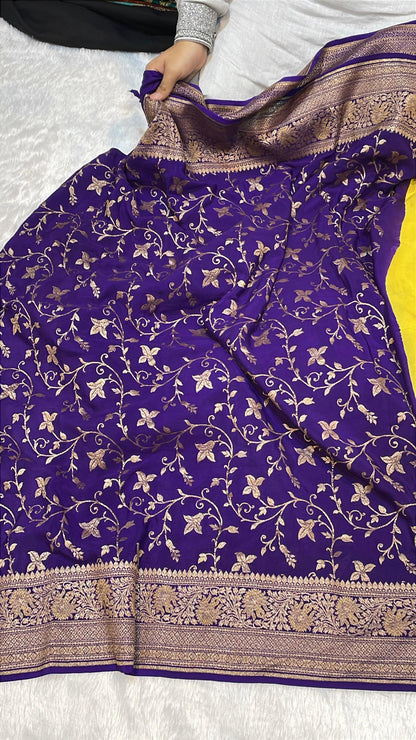 Pure Banarasi Khaddi Crape Silk Handloom Saree with Traditional Corners Mango Yellow with Purple Color
