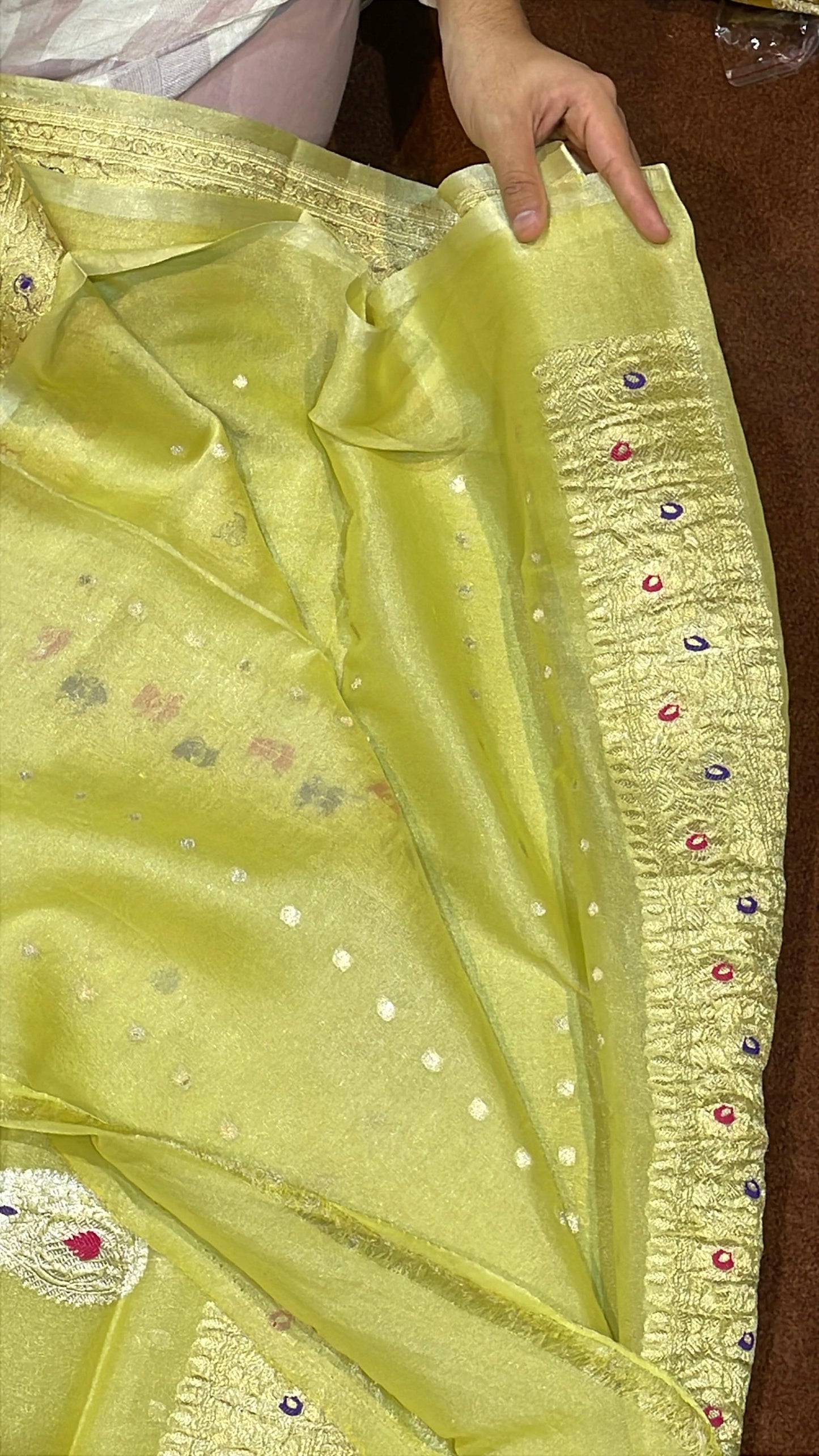 100% Authentic & Luxurious Pure Banarasi Khaddi Chiffon Tissue Saree Lemon-ish Yellow Colour