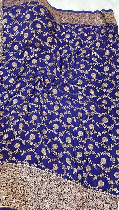 Pure Banarasi Khaddi Crape Silk Handloom Saree with Traditional Corners Rani with Navy Color