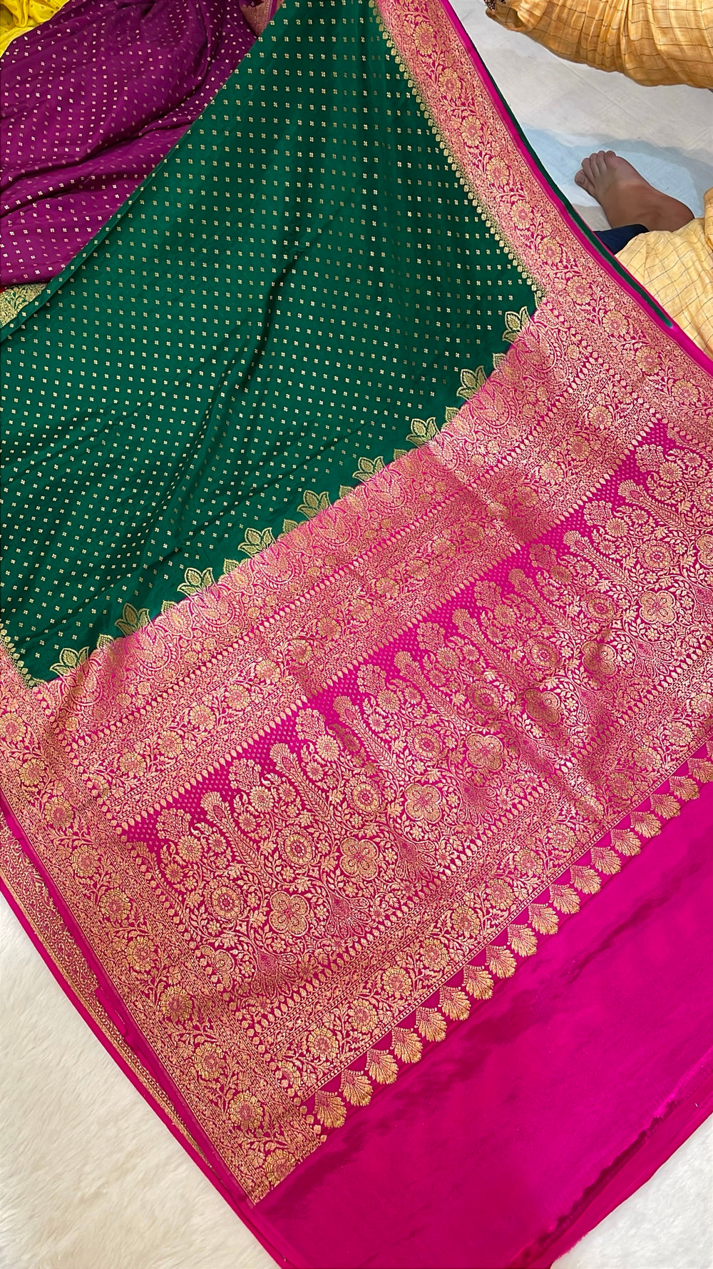 Pure Banarasi Khaddi Crape Silk Handloom Saree with Traditional Corners Green With Rani Color