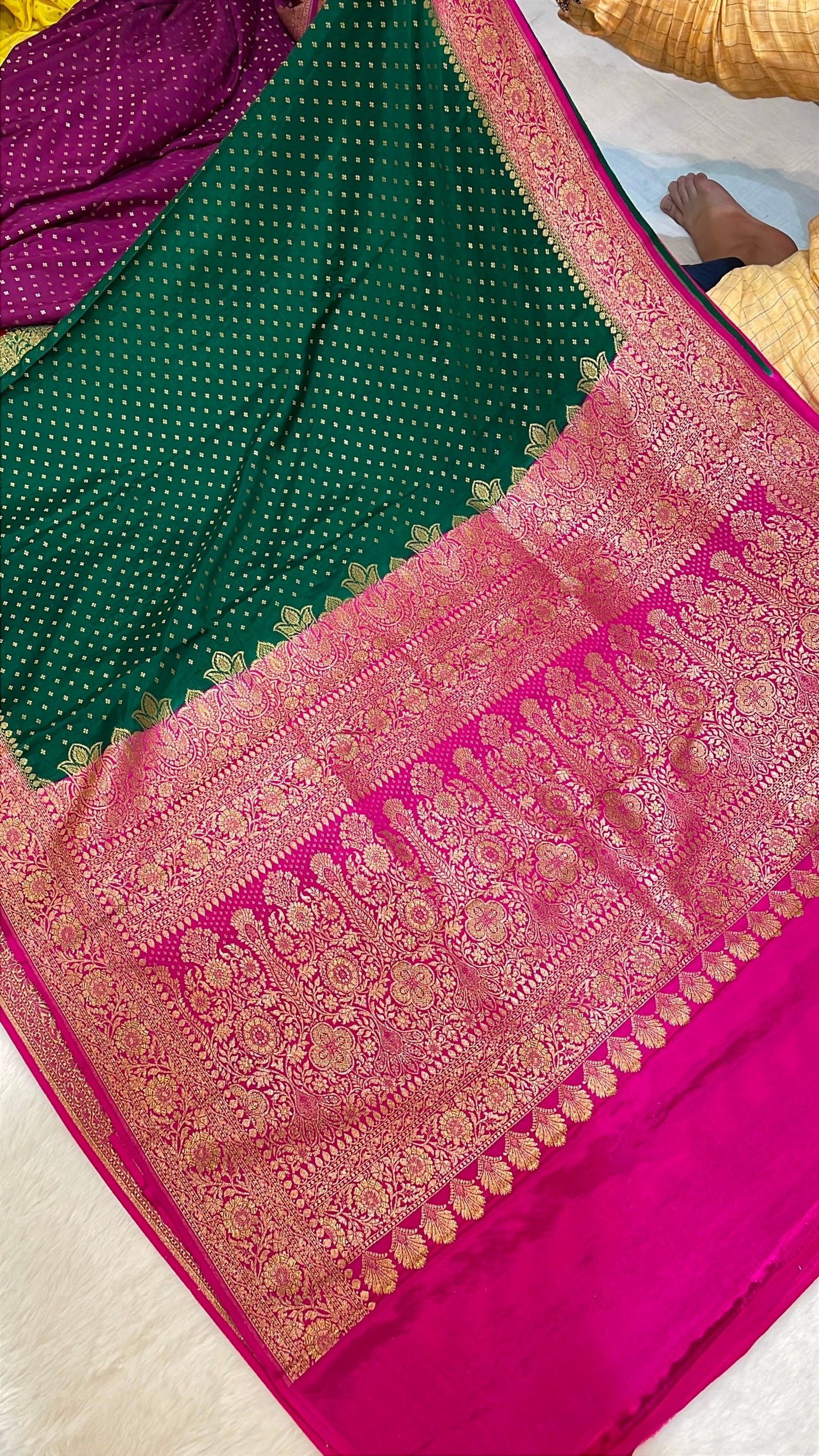 Pure Banarasi Khaddi Crape Silk Handloom Saree with Traditional Corners Green With Rani Color