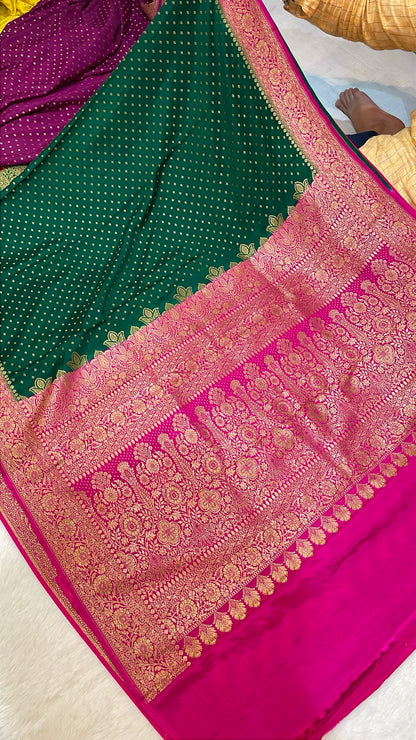 Pure Banarasi Khaddi Crape Silk Handloom Saree with Traditional Corners Green With Rani Color