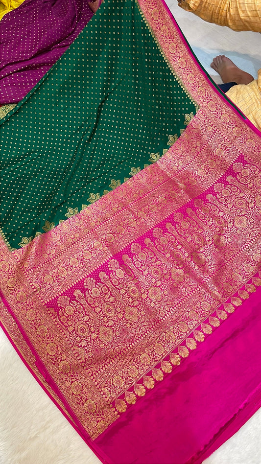 Pure Banarasi Khaddi Crape Silk Handloom Saree with Traditional Corners Green With Rani Color
