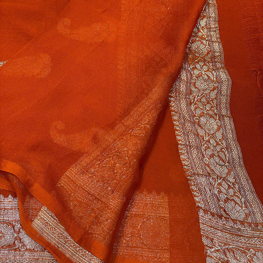 100% Pure Banarasi Khaddi Chiffon Silver Zari Kadwa Buti Handloom Saree Orangish Rust Colour