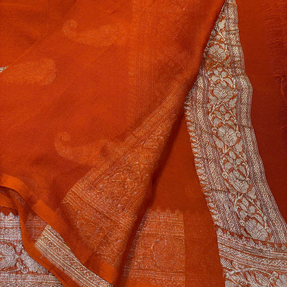 100% Pure Banarasi Khaddi Chiffon Silver Zari Kadwa Buti Handloom Saree Orangish Rust Colour