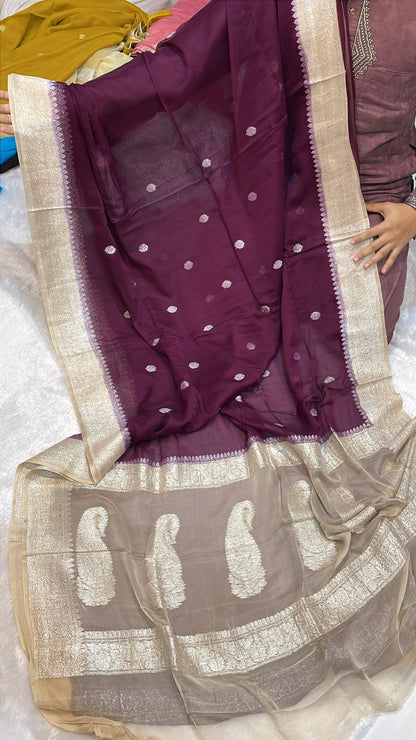 100% Pure Banarasi Khaddi Chiffon Silver Zari Kadwa Buti Handloom Saree coffee with Cream Colour