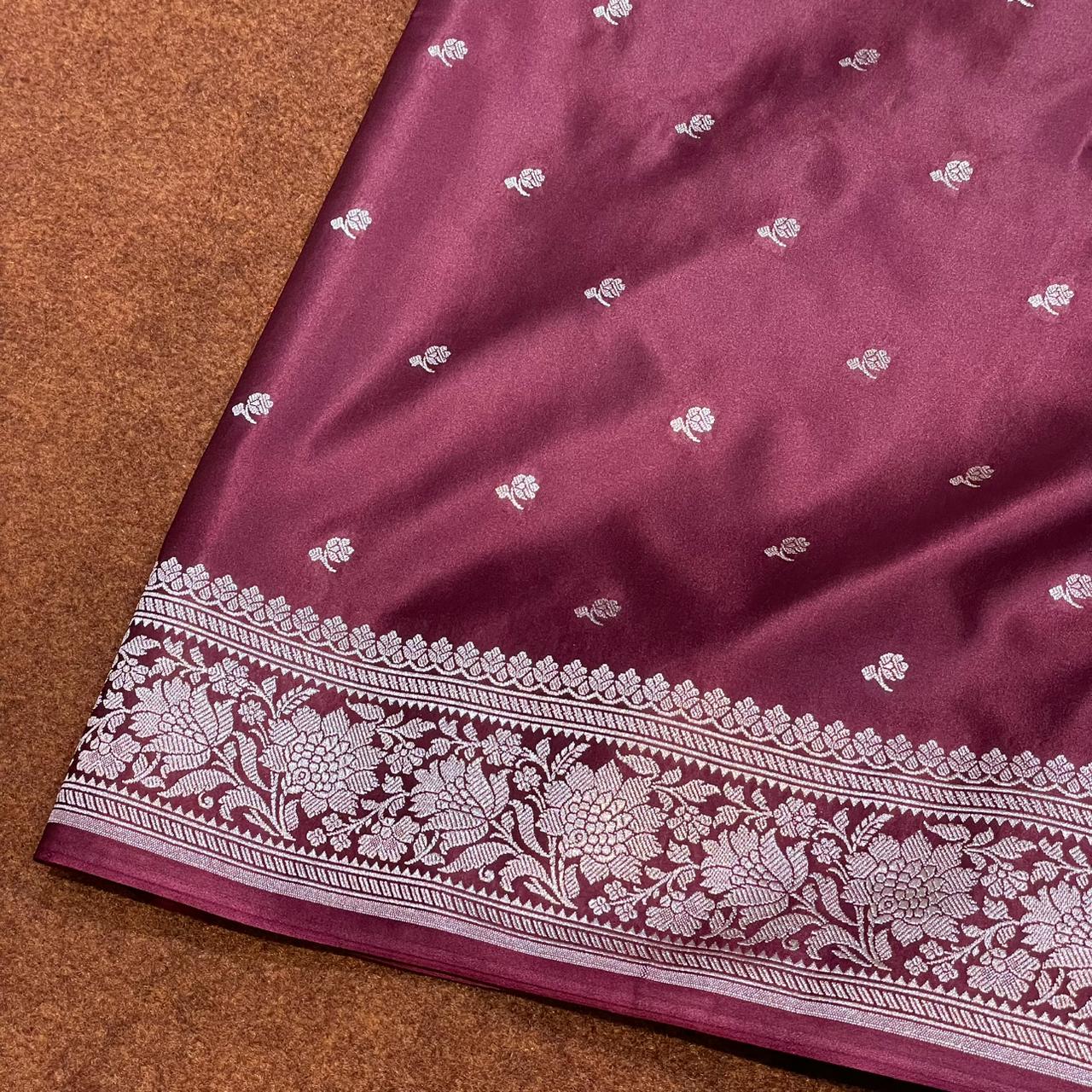 Mashru Silk Saree Deep Wine Color With Floral Border All Over Floral Booti MSW-103