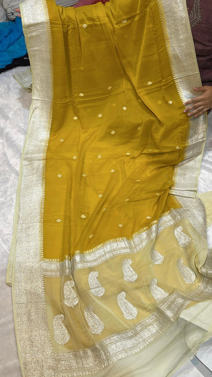 100% Pure Banarasi Khaddi Chiffon Silver Zari Kadwa Buti Handloom Saree Mango Yellow with lemonish Yellow Colour