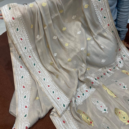 100% Authentic & Luxurious Pure Banarasi Khaddi Chiffon Tissue Saree Shimmering Natural/Raw Colour