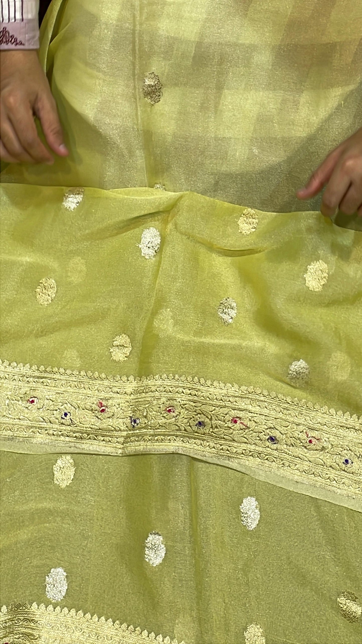 100% Authentic & Luxurious Pure Banarasi Khaddi Chiffon Tissue Saree Lemon-ish Yellow Colour