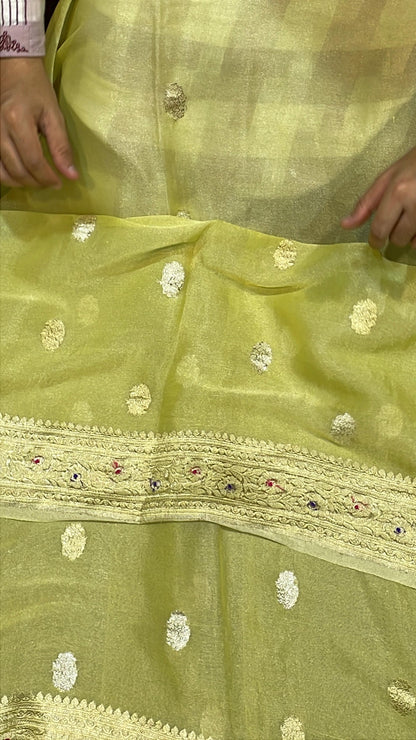 100% Authentic & Luxurious Pure Banarasi Khaddi Chiffon Tissue Saree Lemon-ish Yellow Colour