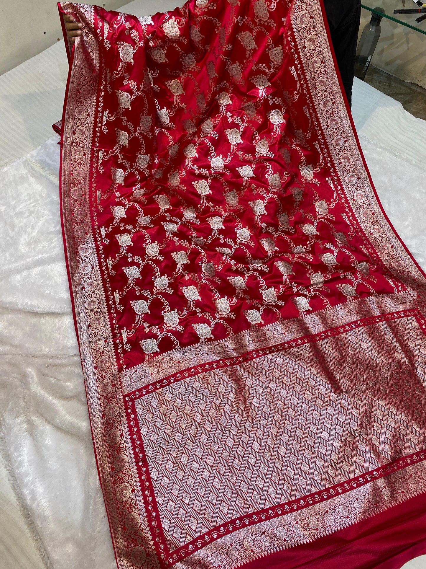 Mashru Silk Saree Imperial Red Color With Floral Border Sona Rupa Zari Mina Jaal Pattern  MSW45
