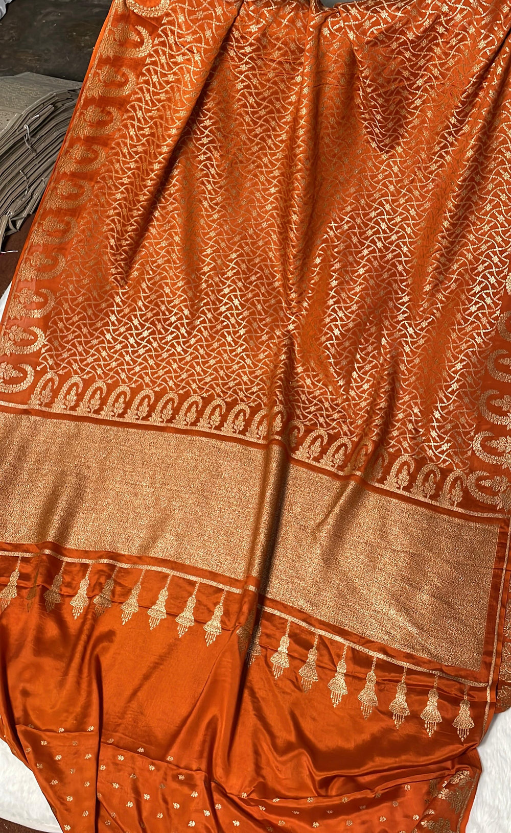 Pure Banarasi Khaddi Crape Silk Handloom Saree Rusty Orange Color