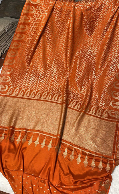 Pure Banarasi Khaddi Crape Silk Handloom Saree Rusty Orange Color