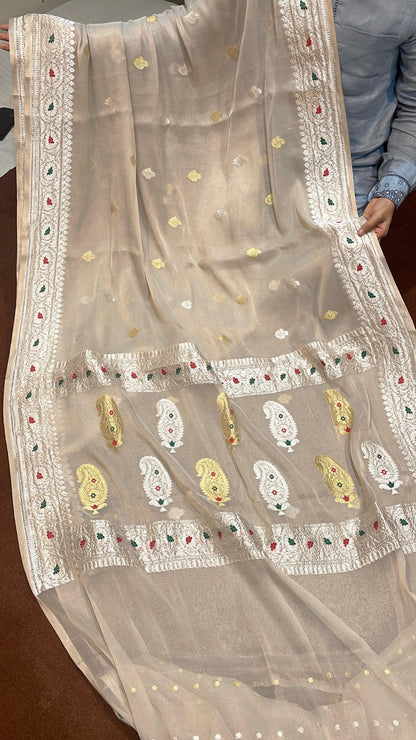 100% Authentic & Luxurious Pure Banarasi Khaddi Chiffon Tissue Saree Shimmering Natural/Raw Colour