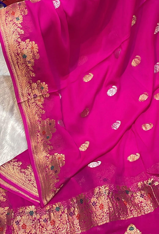 100% Authentic & Luxurious Pure Banarasi Khaddi Chiffon Tissue Saree Bridal Blush Royal Pink Colour